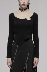 Black Asymmetric Hem Design Sexy Hollow Metal Cross-Chain Decoration Long Sleeve Women's Punk T-Shirt